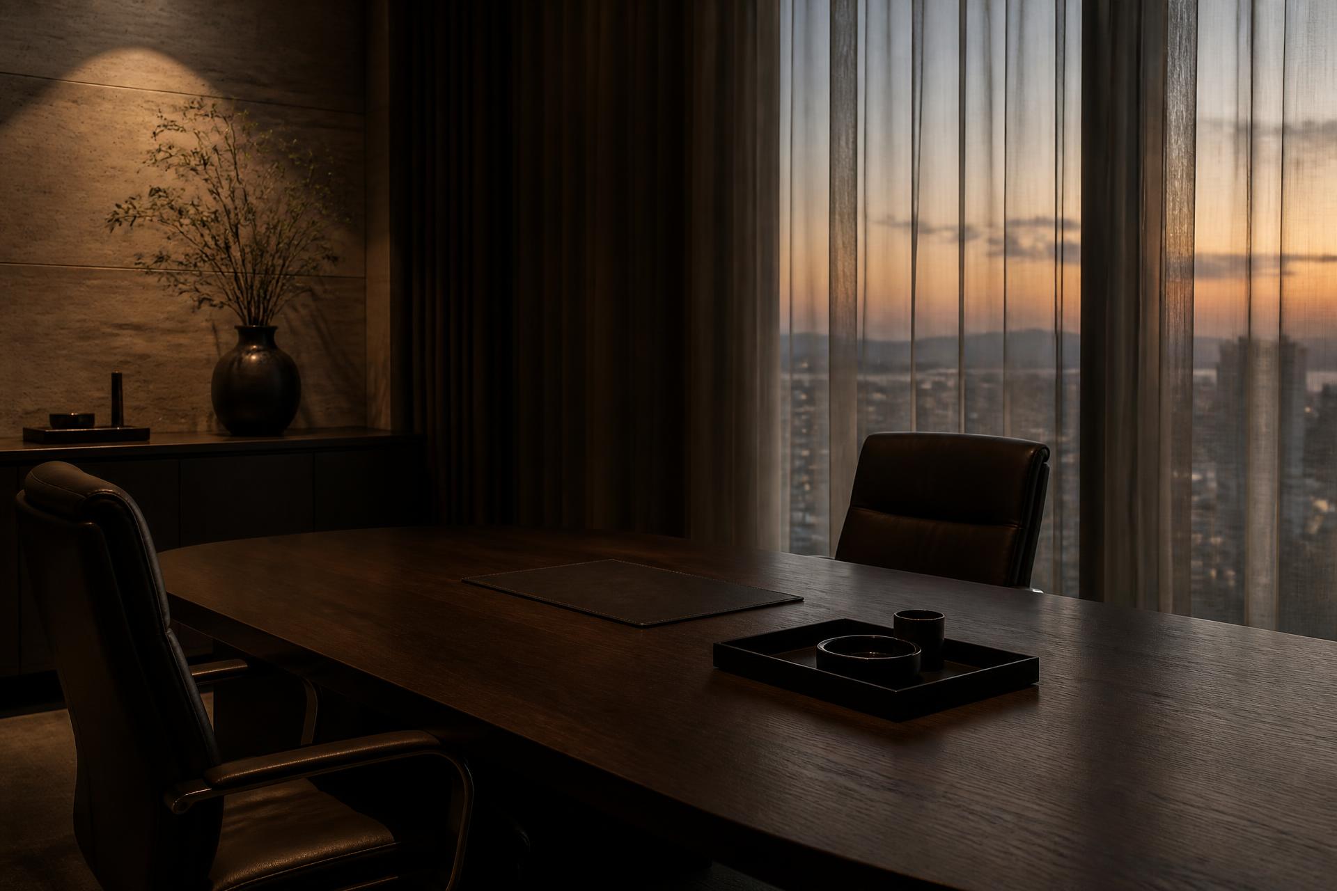 The firm's meeting room at dusk